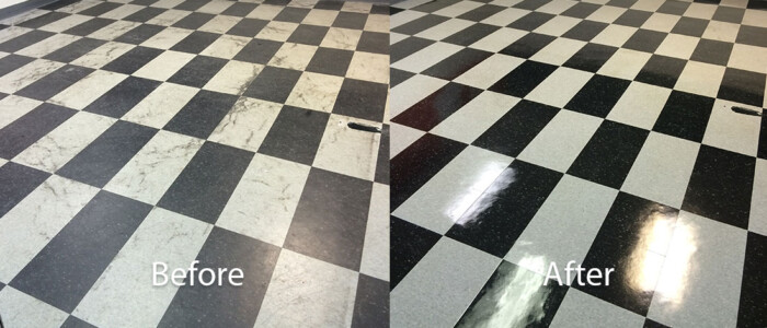 Black and White checkboard VCT tile floor before and after labeled photo left side showing dirty marked up floor and right side showing very clean and super shiny tile floor.