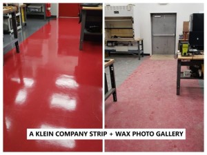 Before and After photo of red + gray VCT tile in a manufacturing shop area.