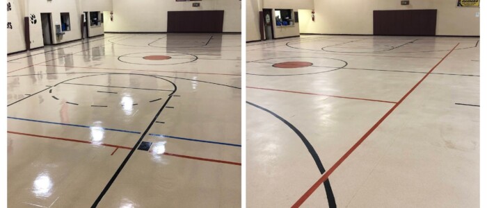 Before and after photo of a stripped and waxed church gym floor with clean and complete photo on left and dirty unfinished gym on the right.