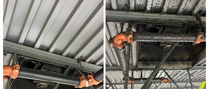 Before and after photo of dirty ceiling area, beams, and piping next to cleaned ceiling area, beams, and piping.