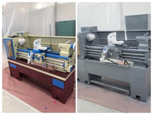Moderate sized production equipment taped off and ready to receive new paint on the left and the same machine repainted in gray on the right, before and after photo.