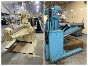 Cold former industrial machine freshly painted in a yellow beige on the left and unpainted and dirty in its original blue color on the right, before and after photo.